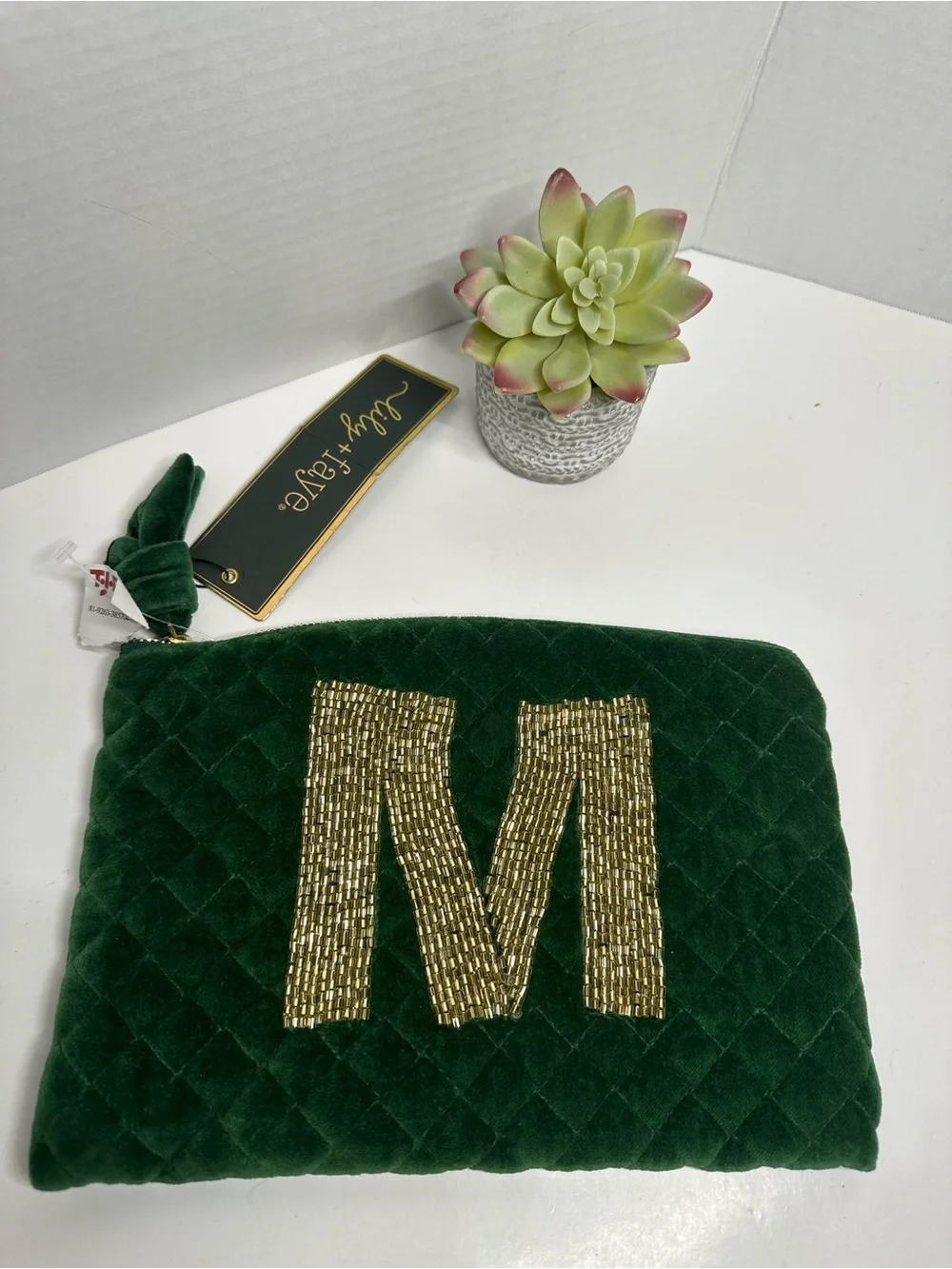 Lily Green Quilted Velvet Cosmetic Pouch with Gold Sequin M
